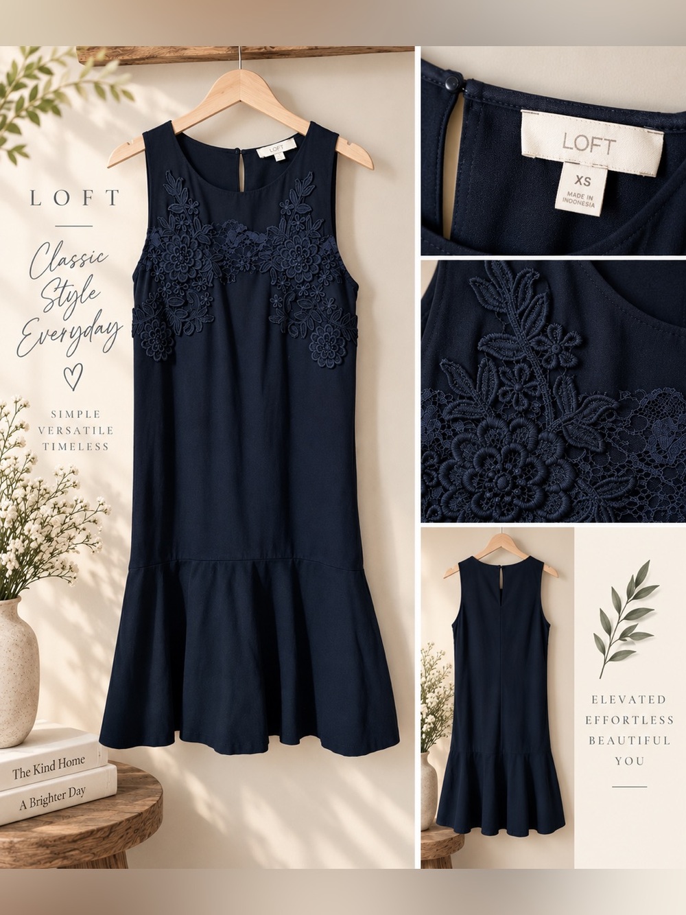 LOFT Navy Blue Lace Appliqué Sleeveless Fit & Flare Dress XS